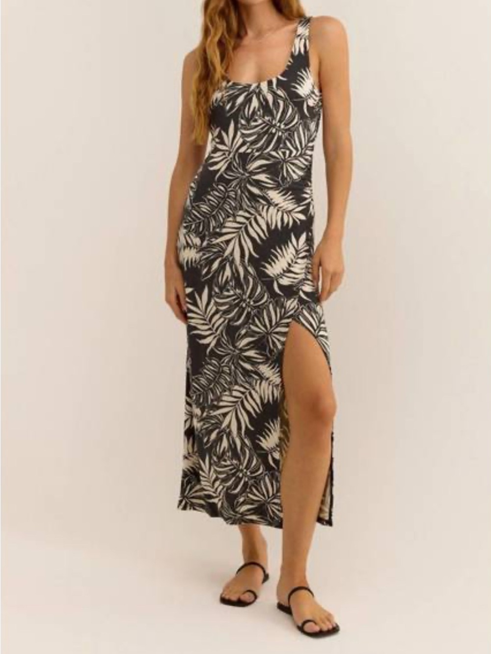 Z Suppy Black & Cream Leaf-Print Maxi Dress with Side Slit